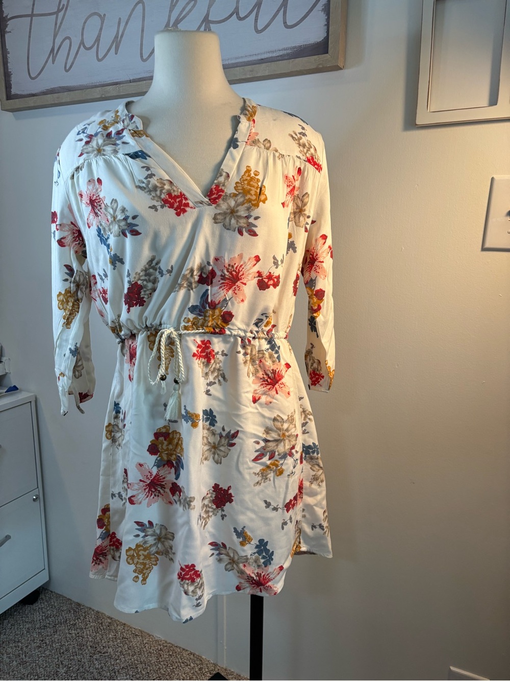 Oakley White Floral Tie-Waist Mini Dress with Red, Mustard & Blue Flowers